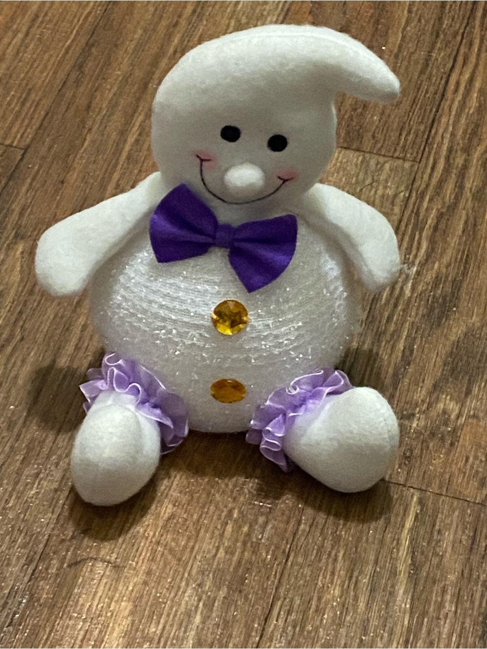 White Ghost Plush 8”H Felt Sequin Purple Bow Halloween Used